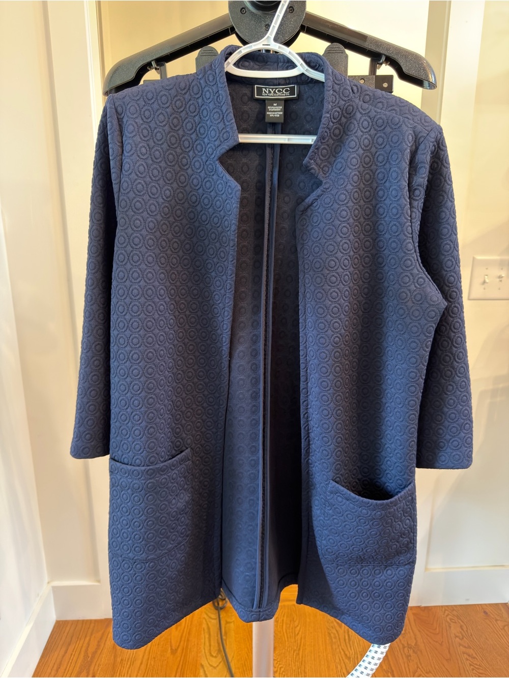 New York & Company Navy Textured Open-Front Jacket